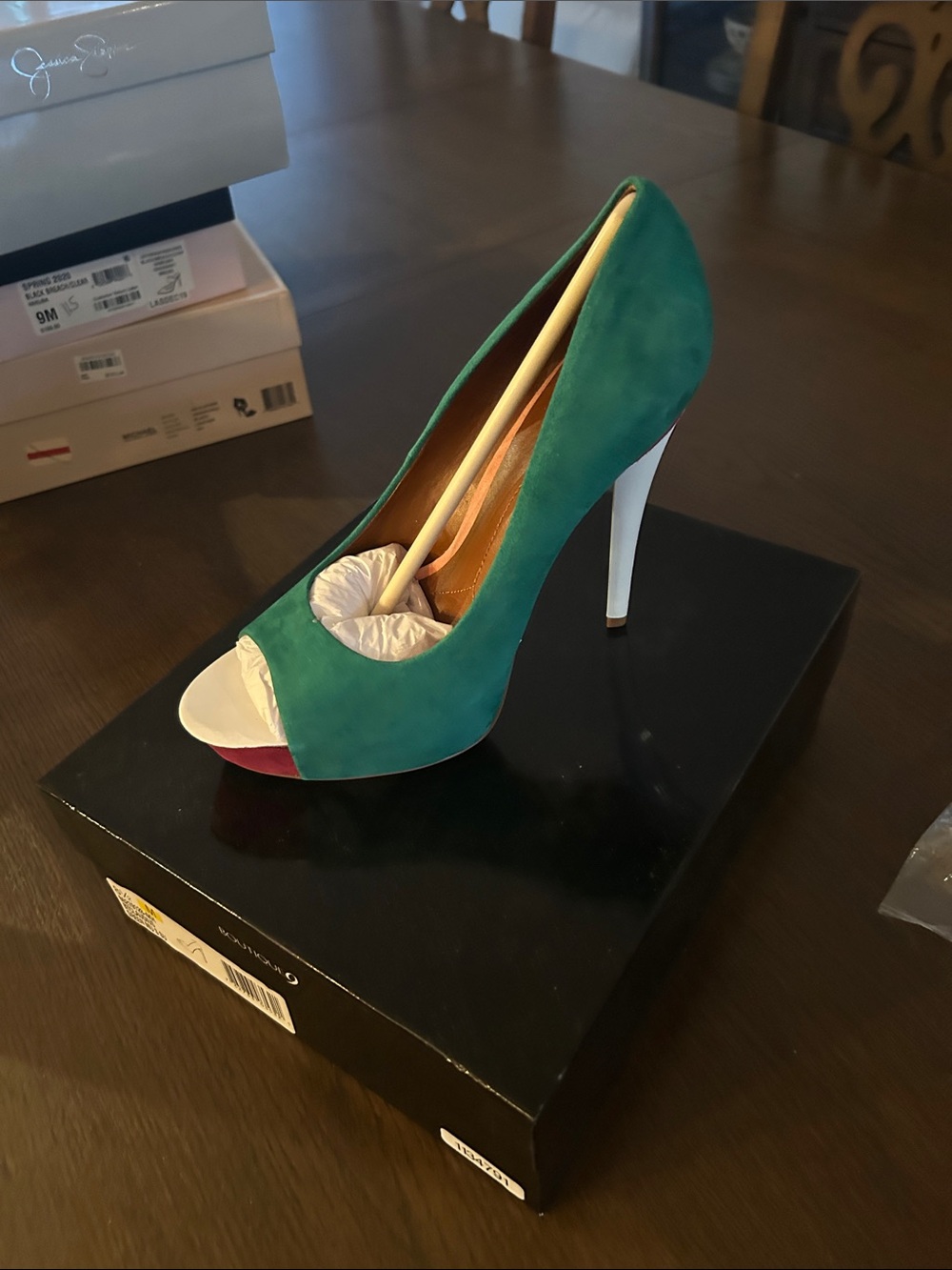 Boutique 9 Teal Suede Peep-Toe High Heel with White Heel and Multicolor Toe